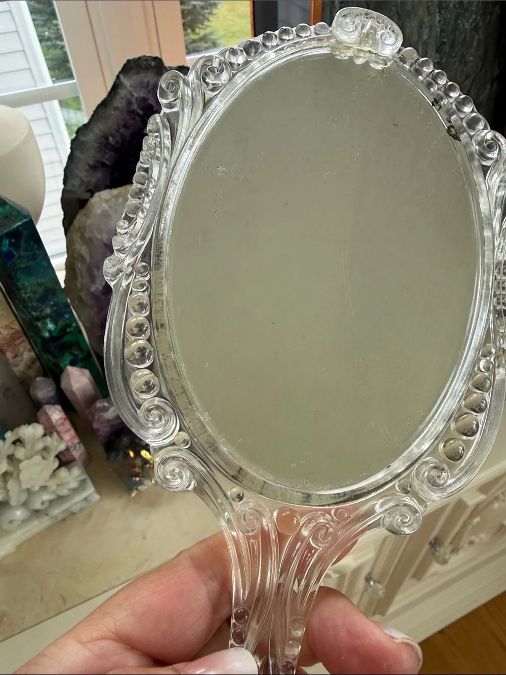 Vintage Clear Lucite Handheld Vanity Mirror